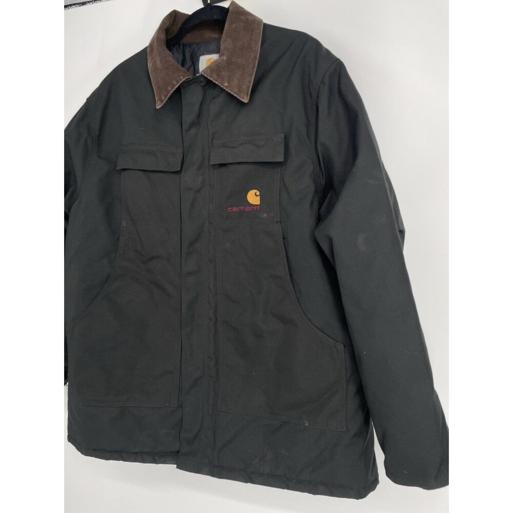 Vintage Carhartt Black Quilted Work Barn Chore Jacket Brown Corduroy Collar